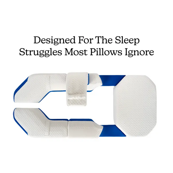 White and blue modular pillow with text on a white background