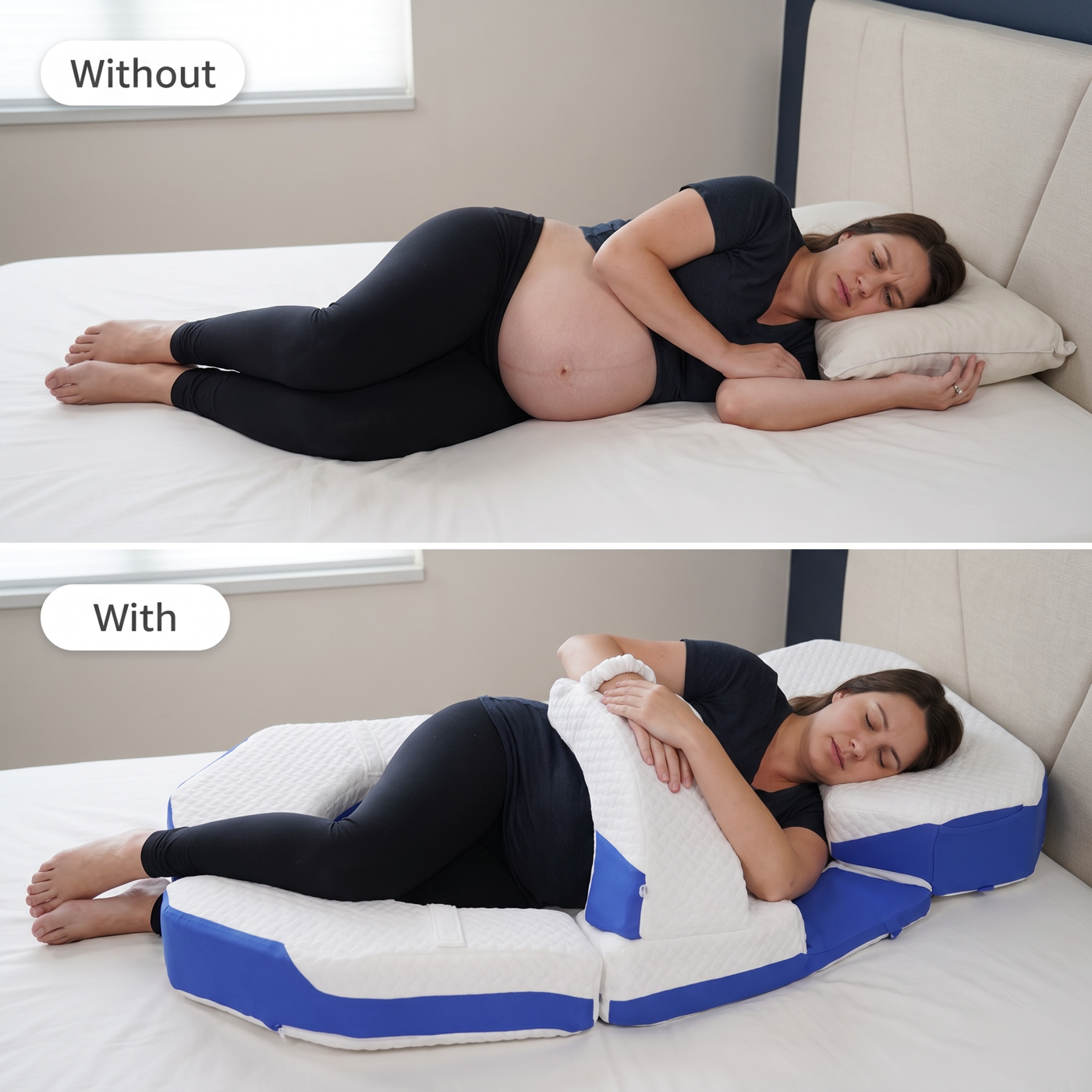 Pregnant side-sleep without vs. with the Modular Pillow: supported 45-degree alignment
