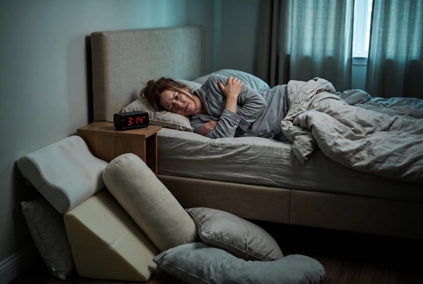 A woman awake at 3 a.m. gripping her shoulder in bed, a stack of failed specialty pillows piled against the wall beside her