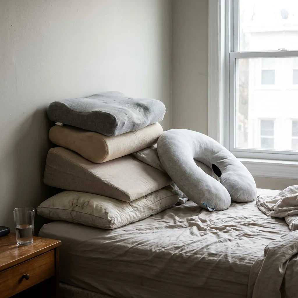 A pile of failed specialty pillows. Every one solved the neck, none unweighted the shoulder