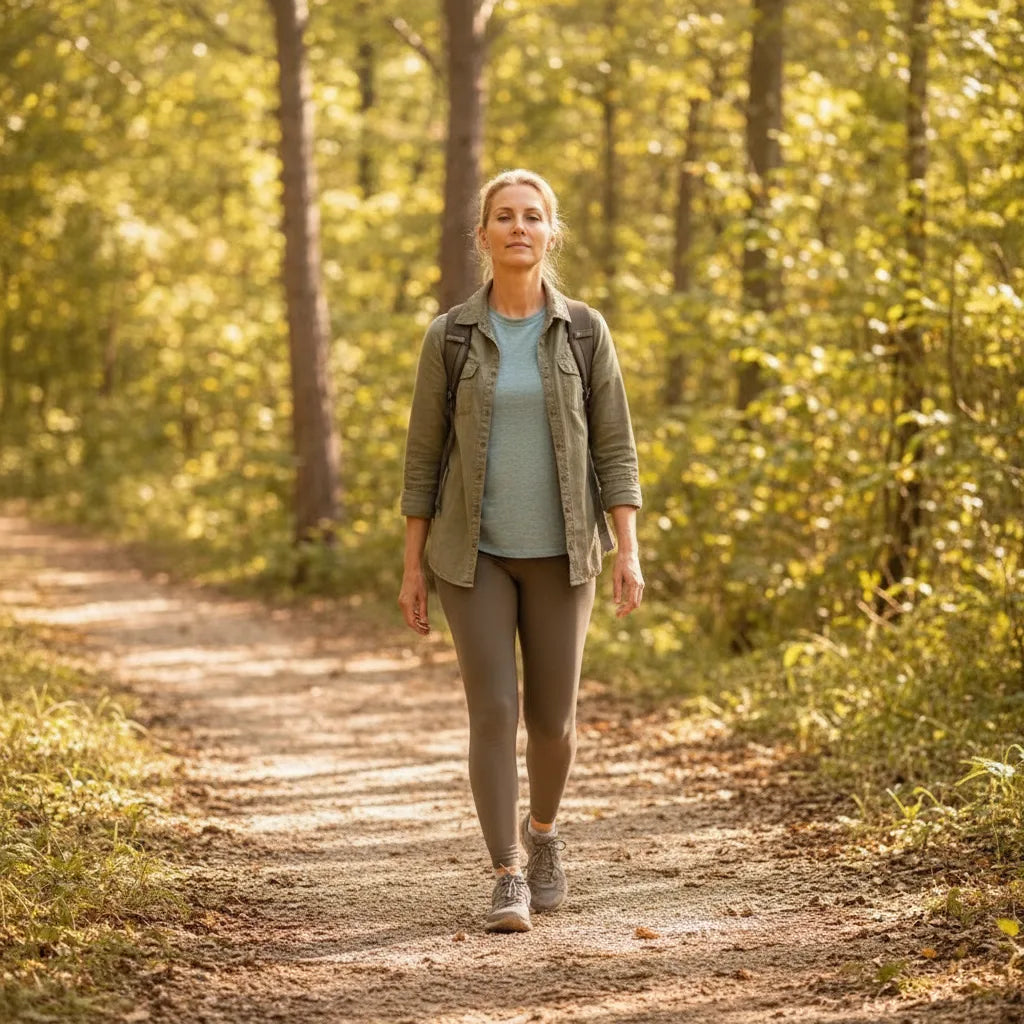 Person walking a forest path, calm and present. No text.