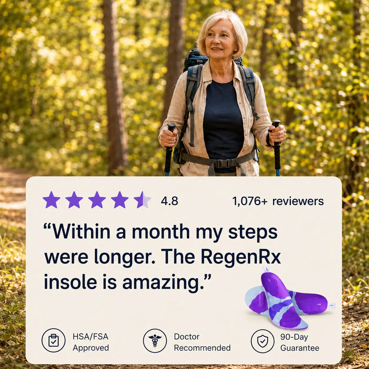 Image 1:1, confident full-length stride of an active person in their 60s on a sunlit path. No text.