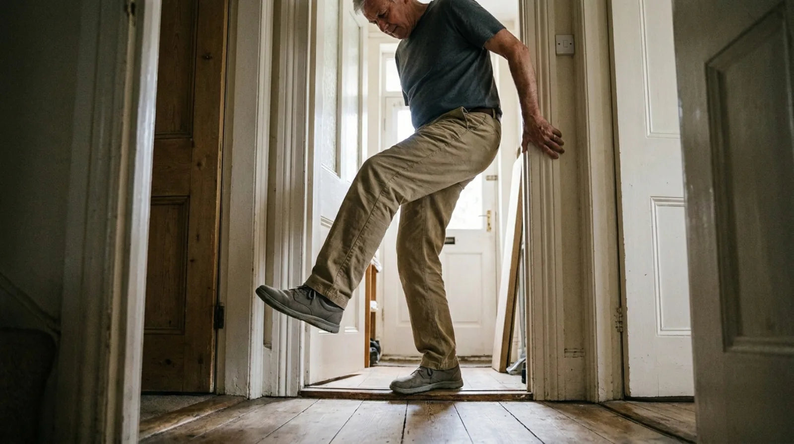 A man in his late sixties stepping through a doorway at home, lifting his knee unusually high while his foot hangs toes-down