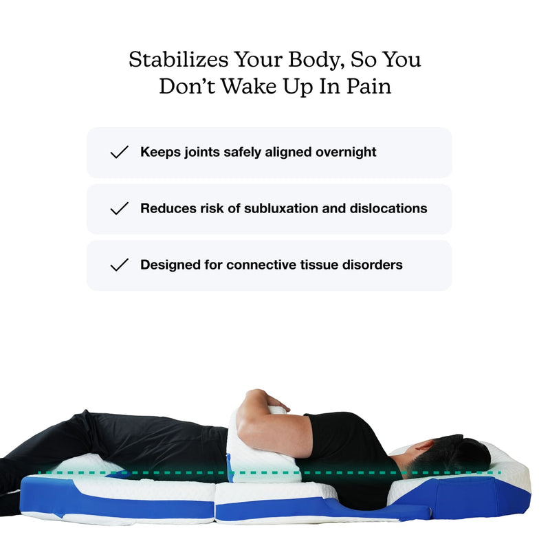 Person lying on a medical device with text highlighting its benefits on a white background