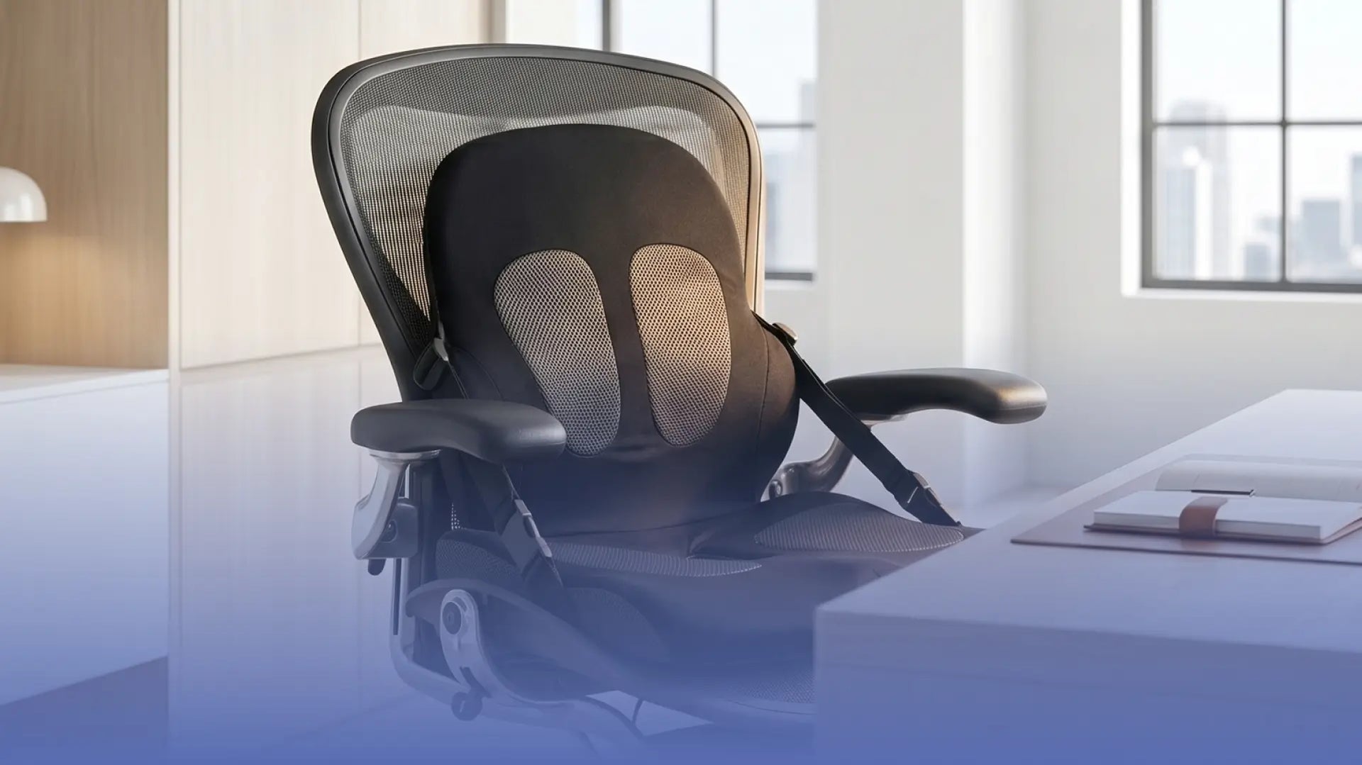 Ergonomic office chair in a modern office setting with large windows.