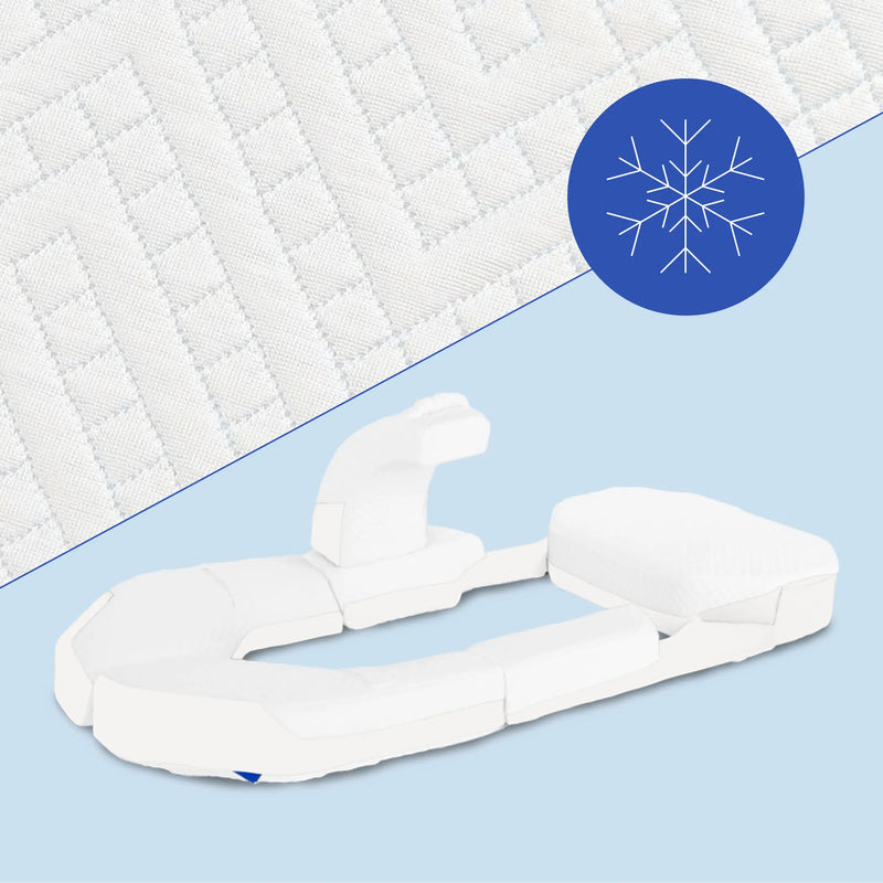 White mattress topper with a snowflake icon on a light blue background