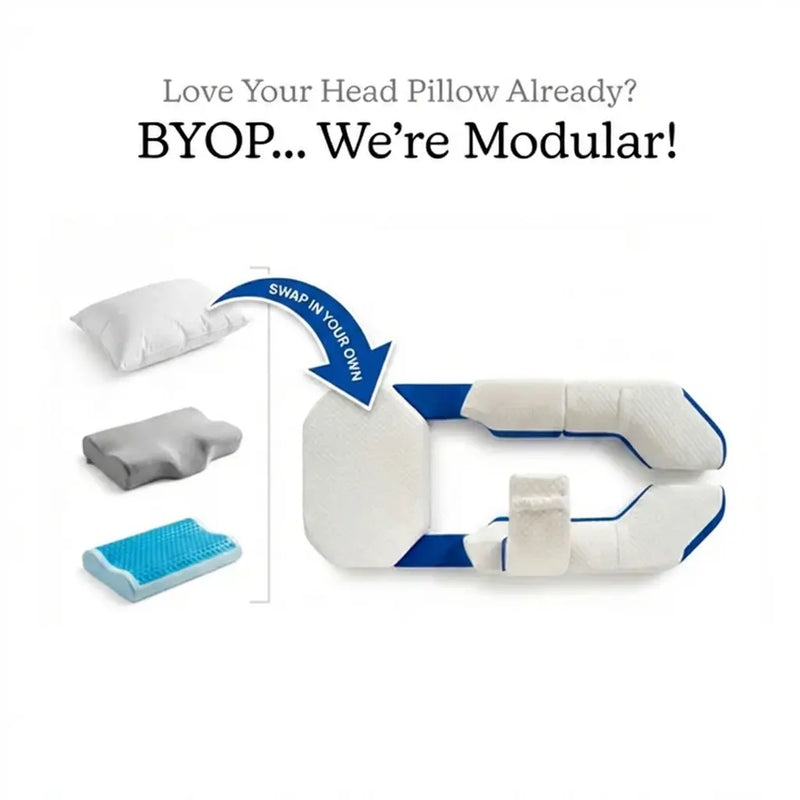 Modular head pillow with interchangeable parts on a white background