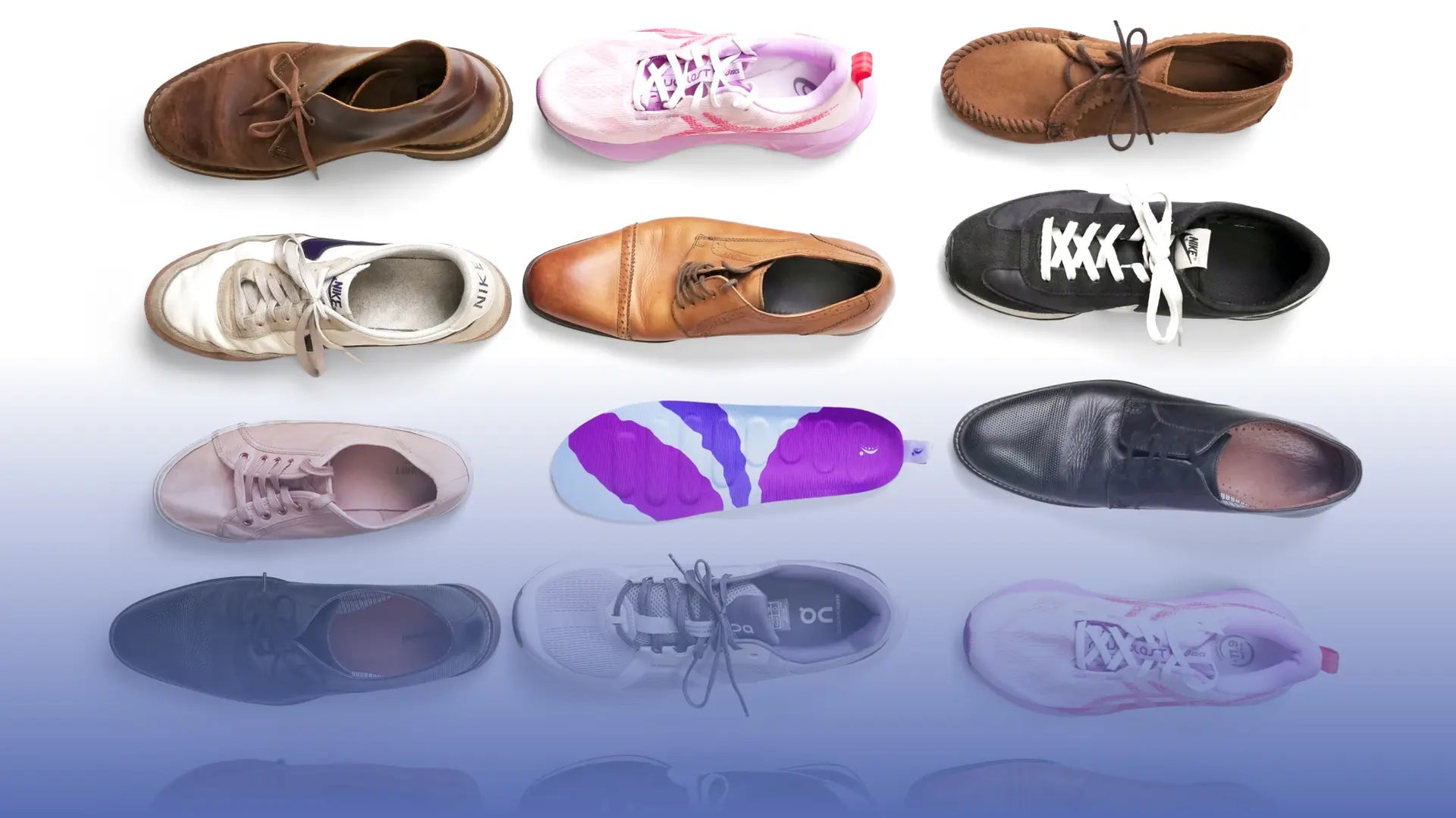 Collection of various shoes displayed on a gradient background