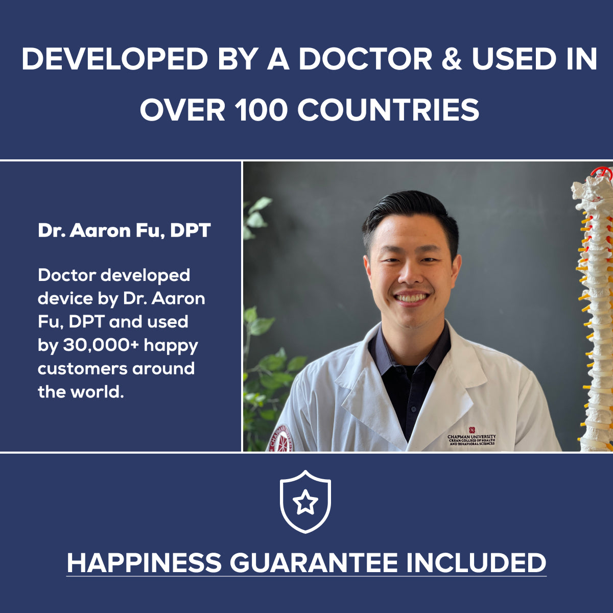 Dr. Aaron Fu, creator of the Trigger Point Rocker, smiling confidently knowing that 30,000+ happy customers in over 100 countries are smiling too.