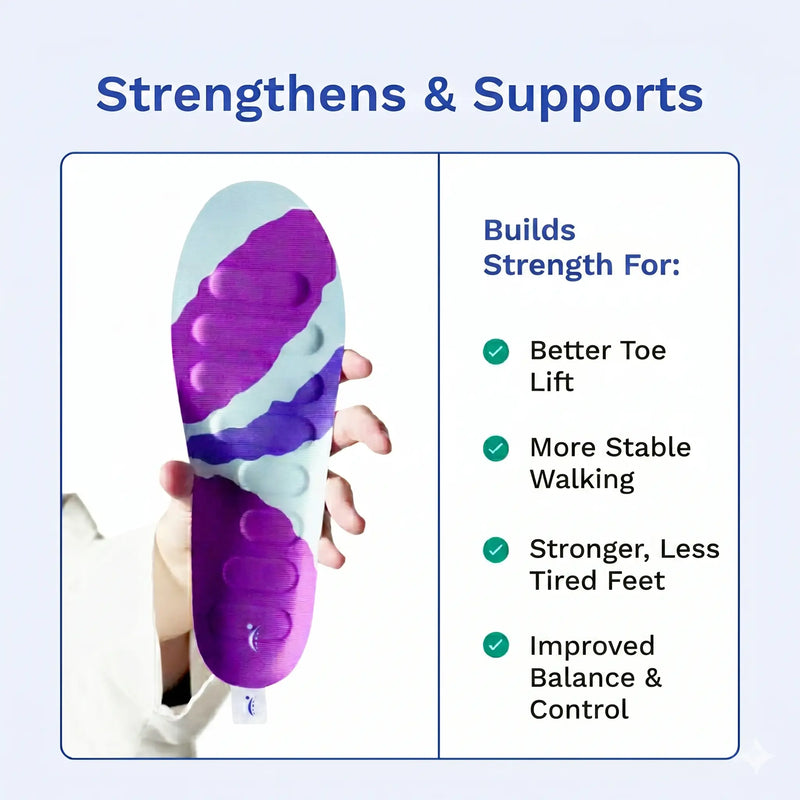 Purple and white foot device held by a hand with text highlighting its benefits on a light blue background.