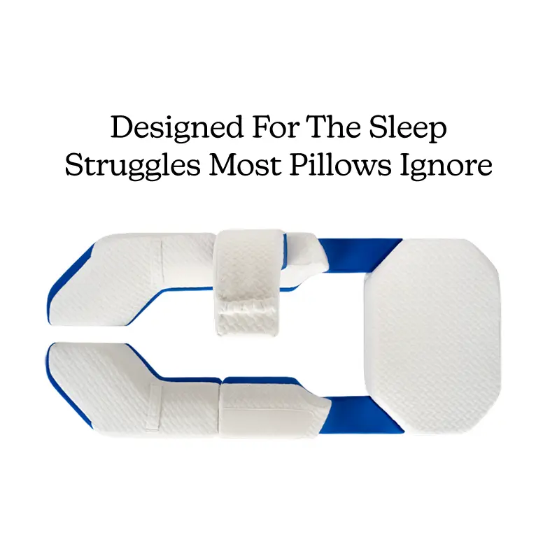 White and blue modular pillow with text on a white background