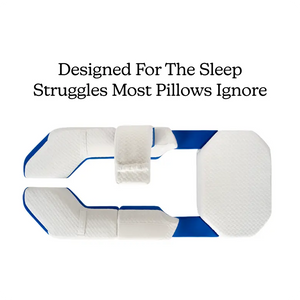 White and blue modular pillow with text on a white background