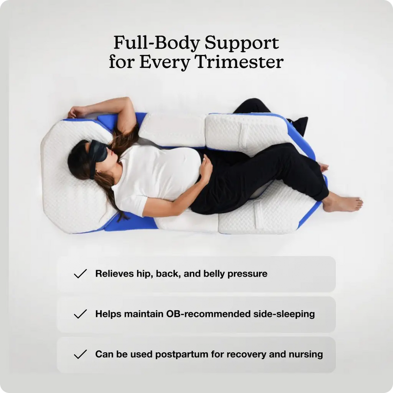 Woman lying on a full-body support pillow with text highlighting its benefits.