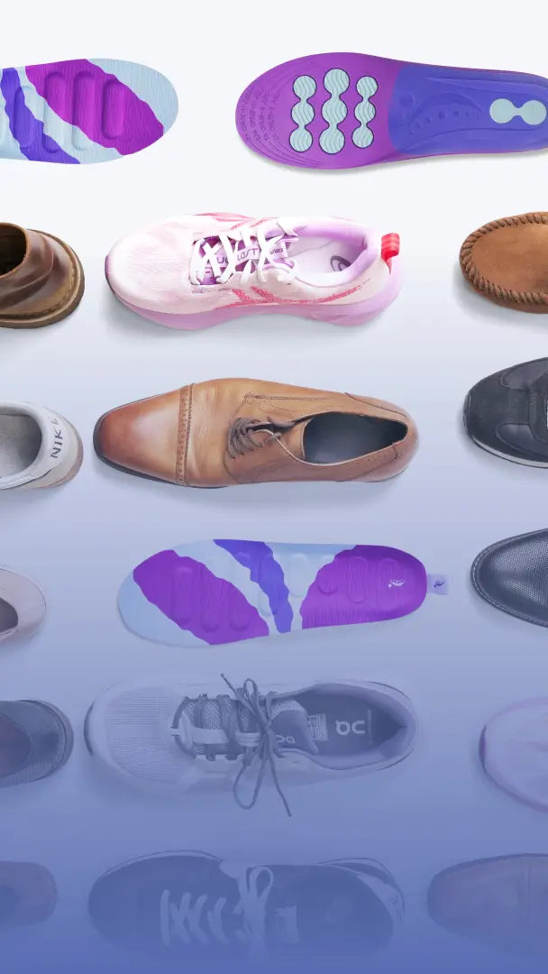 Shoe insoles and various shoes on a light gray background