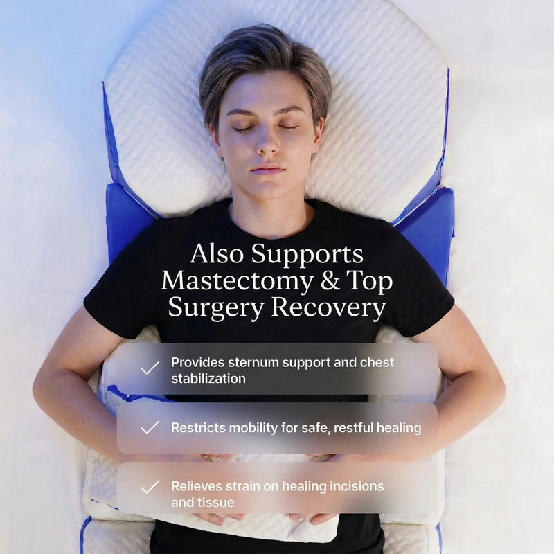 Person lying on a medical device with text about mastectomy and top surgery recovery support.