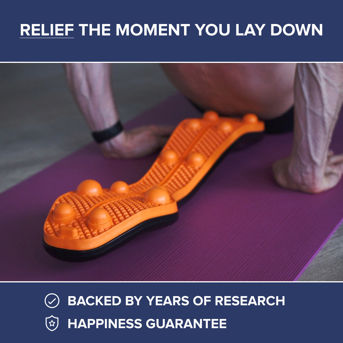 Highlights of the Trigger Point Rocker's capacity to deliver instant relief, backed by research, and accompanied by a happiness guarantee.