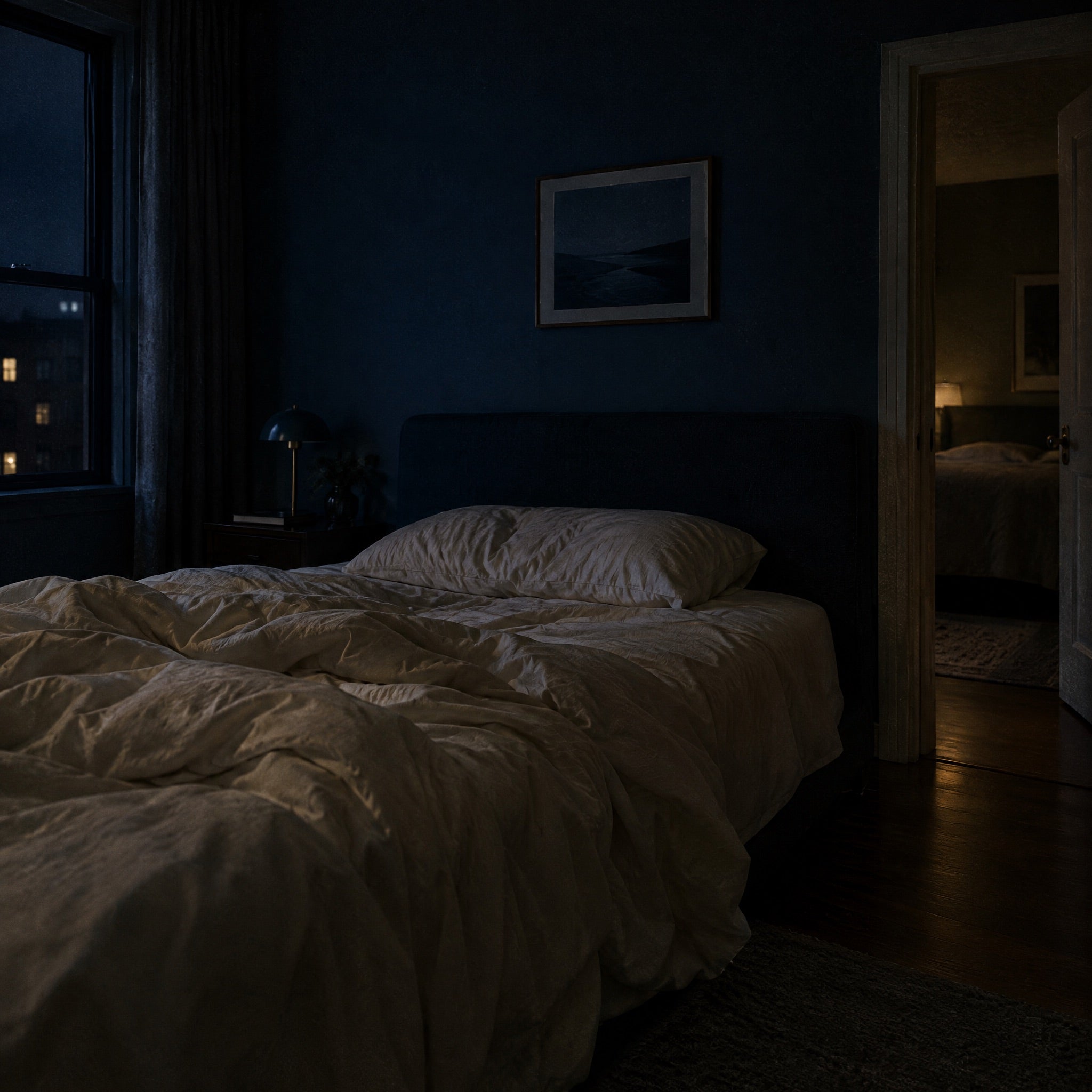 A dark bedroom at night. The near bed is empty and unmade. Through an open door, a second bed is lit in the guest room.