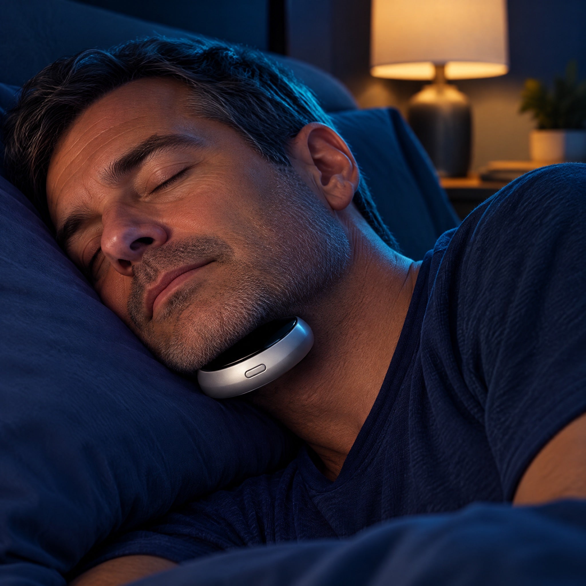 A man asleep on his side with a small silver pod resting under his chin. No mask and no hose.