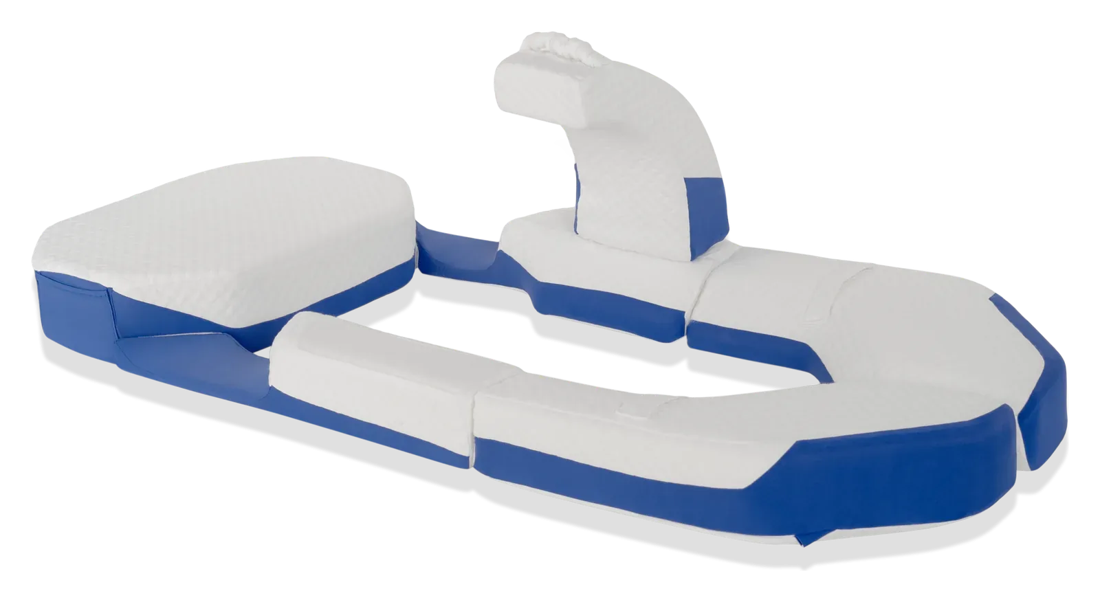 The Modular Pillow: an octagon head pillow, two side pillows joined by a strap, an arm pillow and two leg pillows.