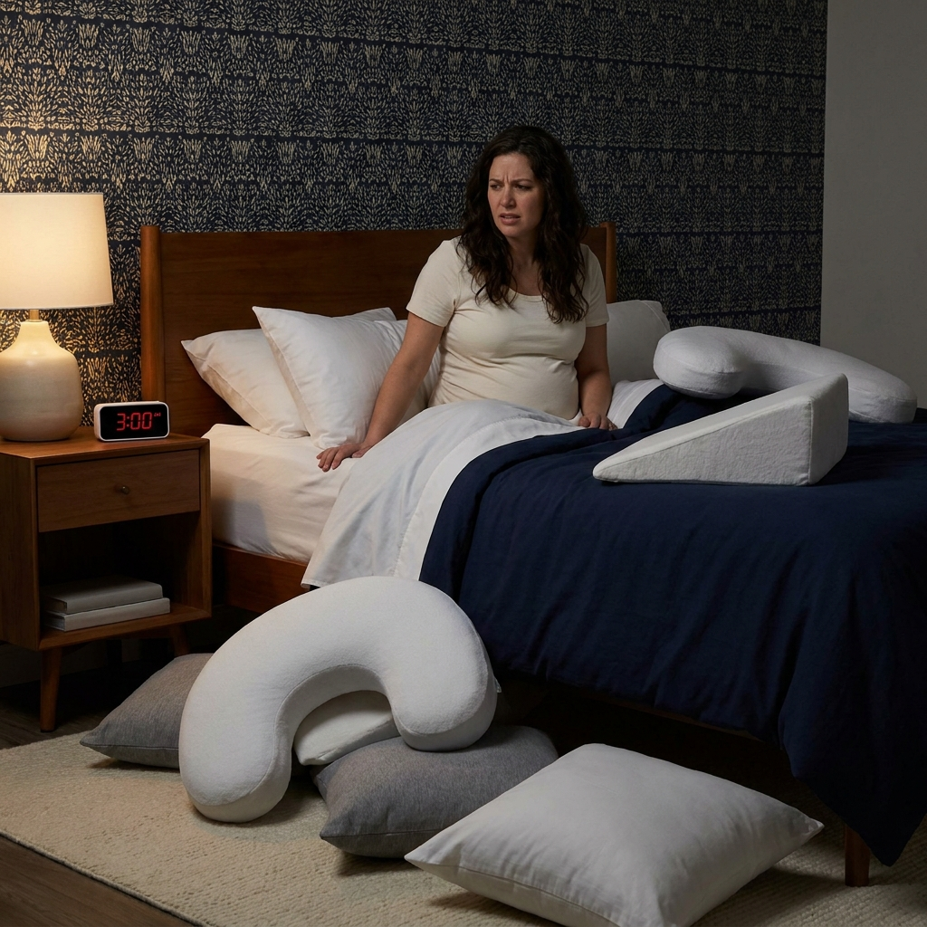 Messy pregnancy pillow pile that falls apart overnight