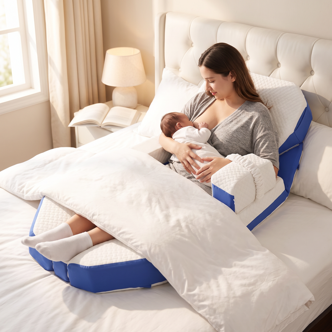 Mom nursing her newborn supported by the Modular Pillow postpartum