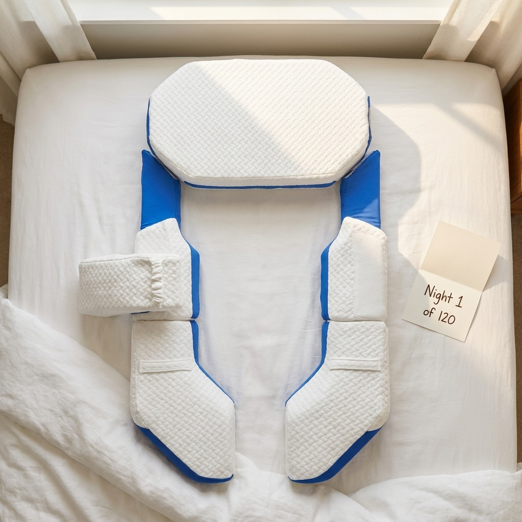 Modular Pillow on a bed with a handwritten note reading Night 1 of 120, the at-home trial
