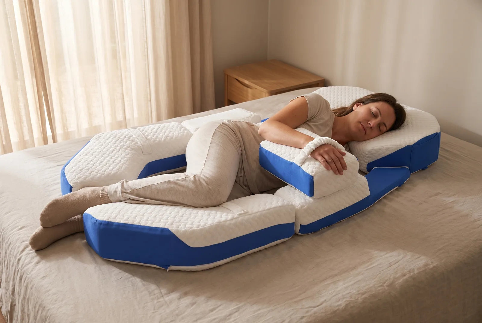 A woman sleeping on her side, fully supported in the Modular Pillow positioning system