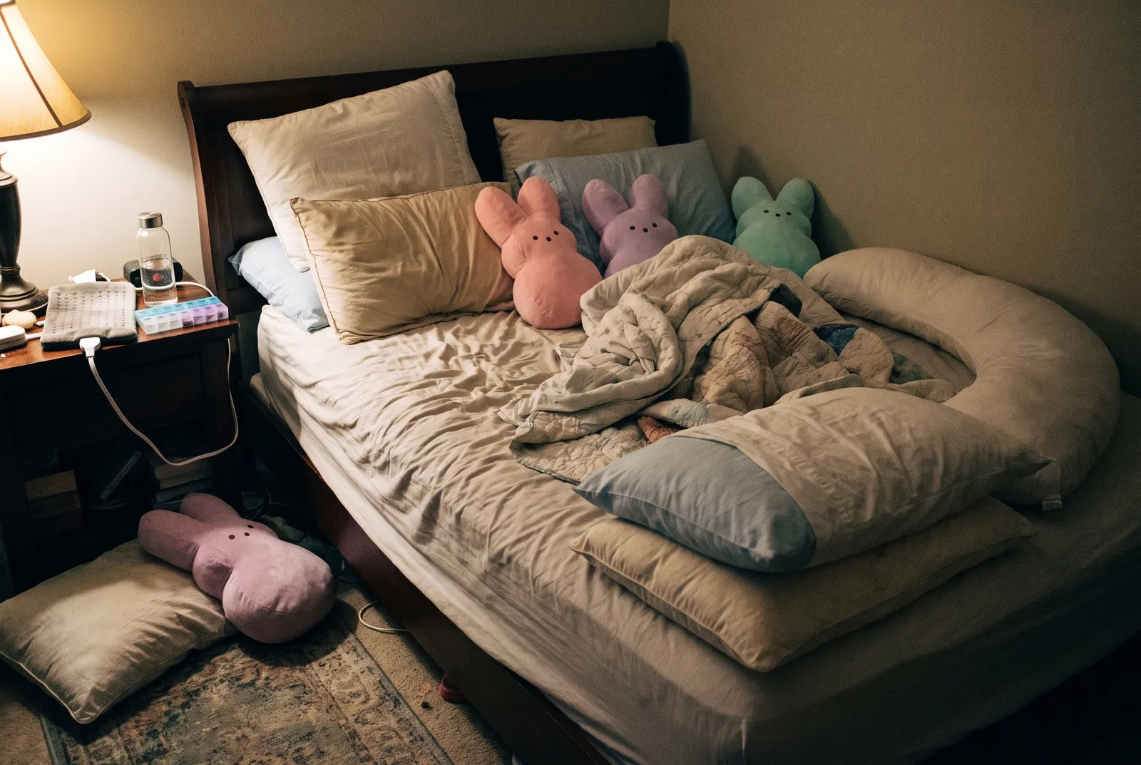 A bed piled with ordinary pillows and round plush cushions arranged as makeshift support, one pillow fallen to the floor, heating pad and pill organiser on the nightstand