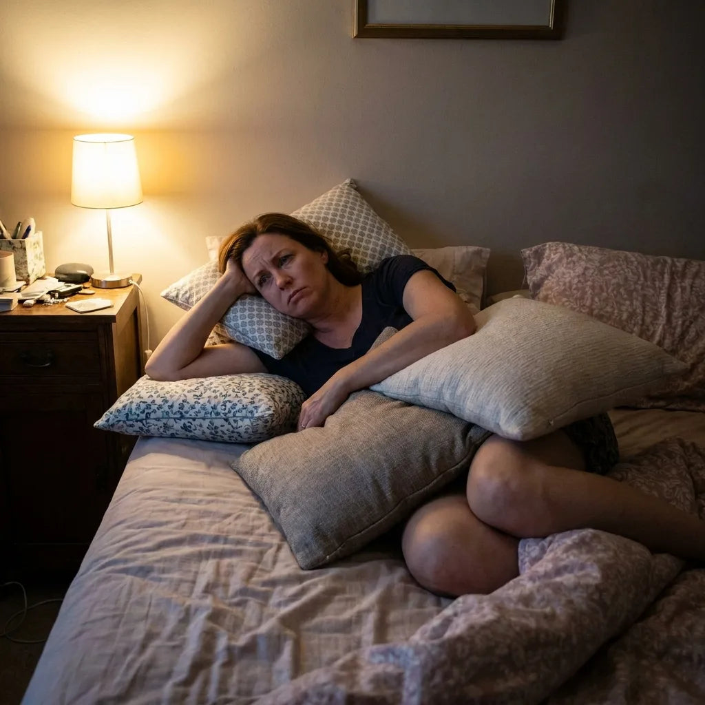 The nightly puzzle of where the arms go. Mismatched pillows pressed into service