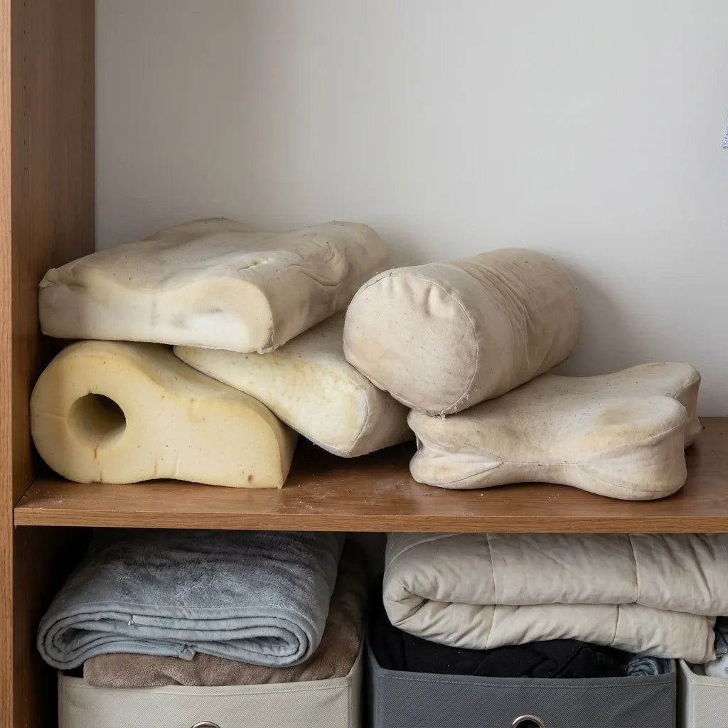 The cervical pillow graveyard. Contour, cutout, roll and butterfly pillows, all abandoned