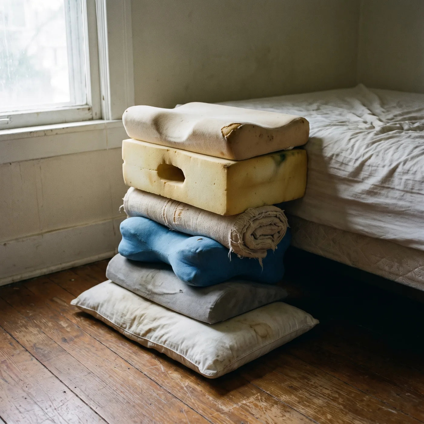 A pile of abandoned specialty pillows, the failed pillow fort