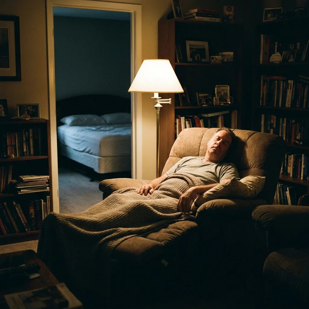 Asleep in the recliner while the bed sits empty, the workaround that proves the point