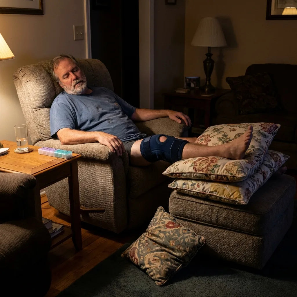 Post-op sleep improvised in a recliner with jury-rigged pillows under the braced knee
