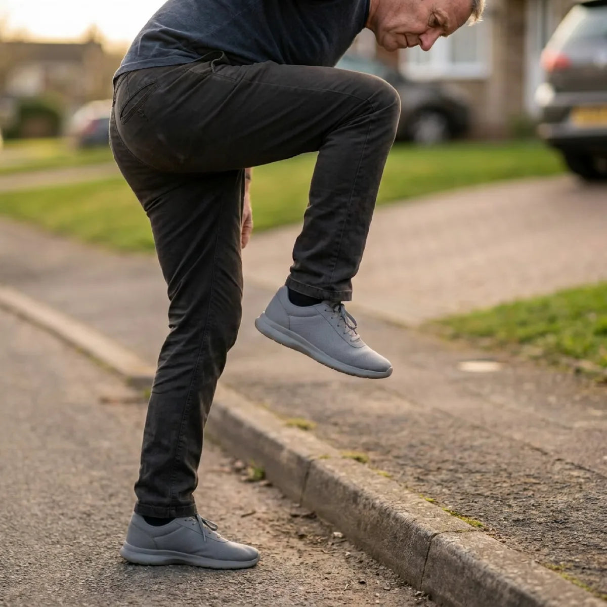 A man lifting his knee high to clear a low curb, watching the edge as he steps.