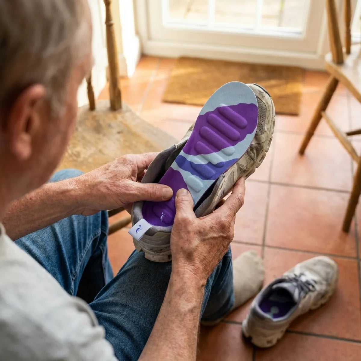 A man sliding a RegenRx insole into the everyday sneaker he already wears.
