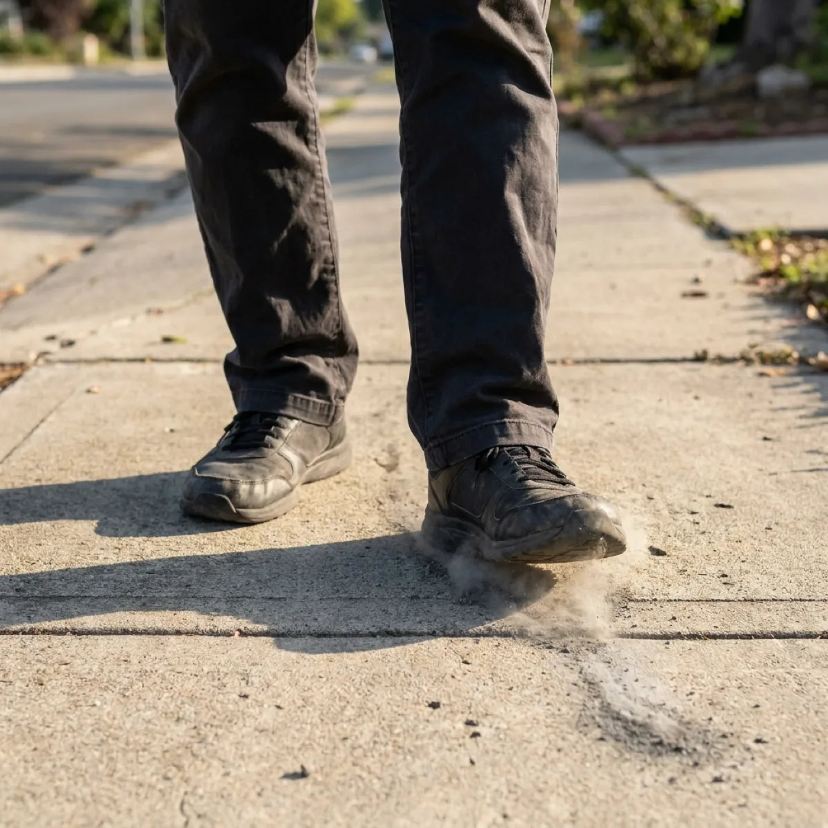 A trailing foot scuffing the sidewalk, toe dragging instead of clearing the ground.