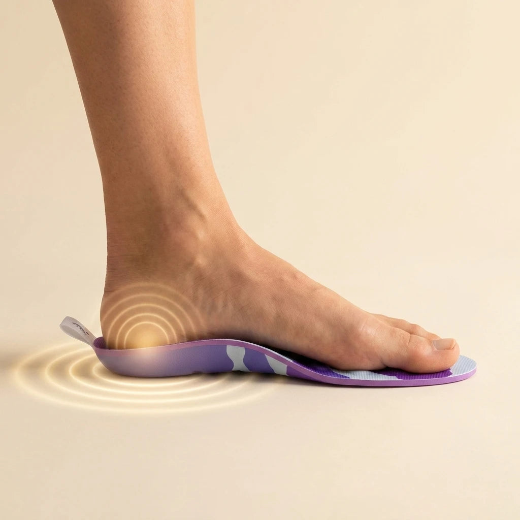 Bare foot planted on the RegenRx insole with a golden ripple under the heel. No text.