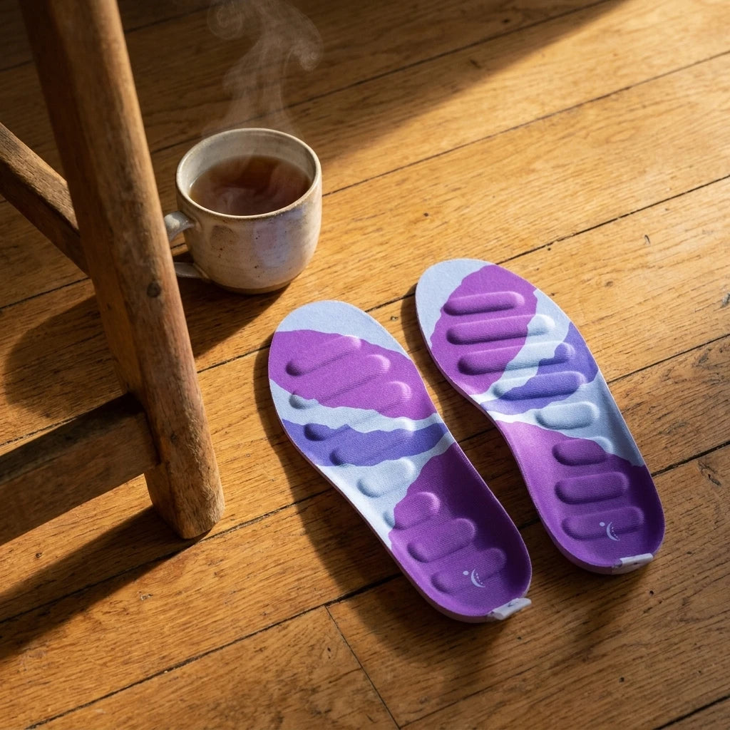 RegenRx insoles on a wood floor beside a steaming mug in morning sun. No text.