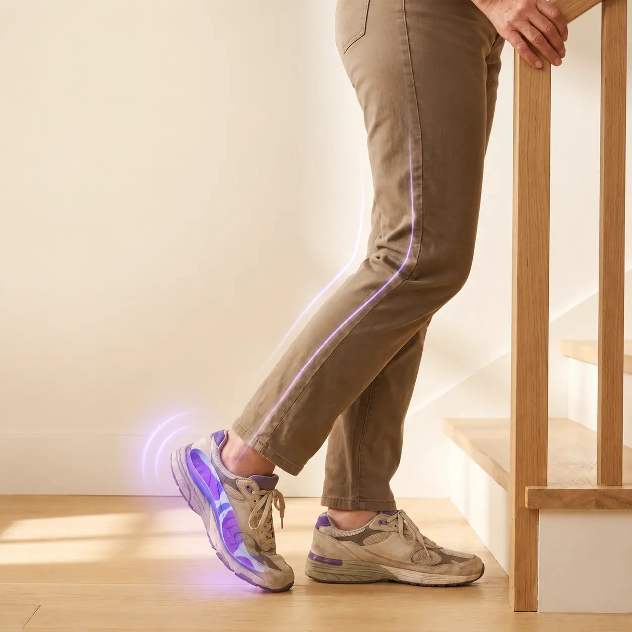 A person in their late sixties stepping up a staircase with one hand resting on the bannister, a soft violet signal line tracing from the insole up the leg