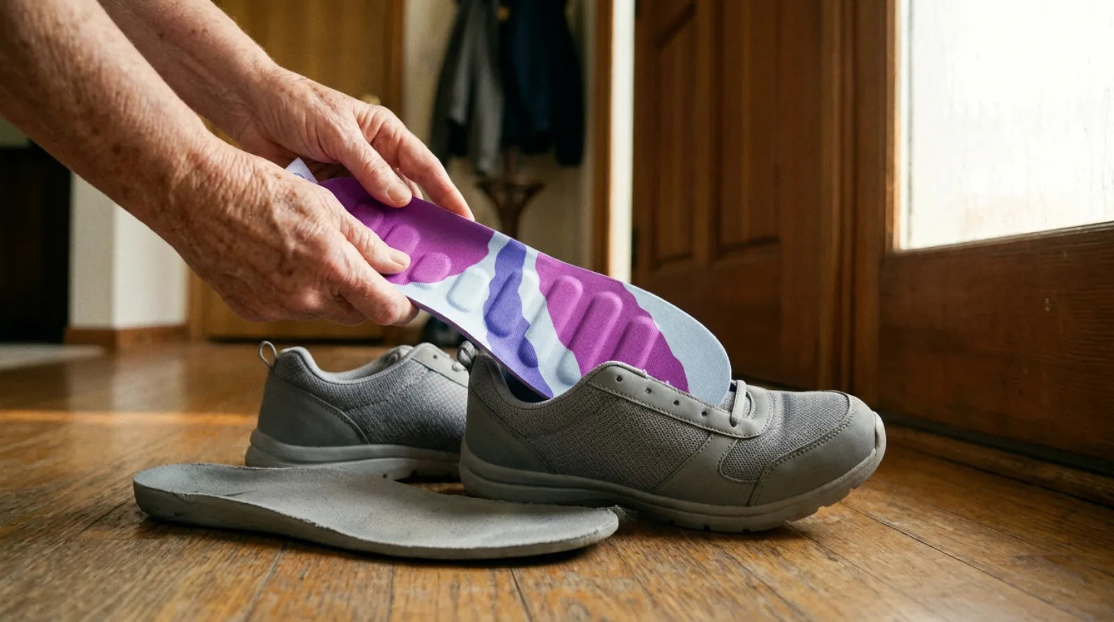 Hands sliding a RegenRx insole into a plain grey walking shoe, with the old flat foam insole removed and lying beside it